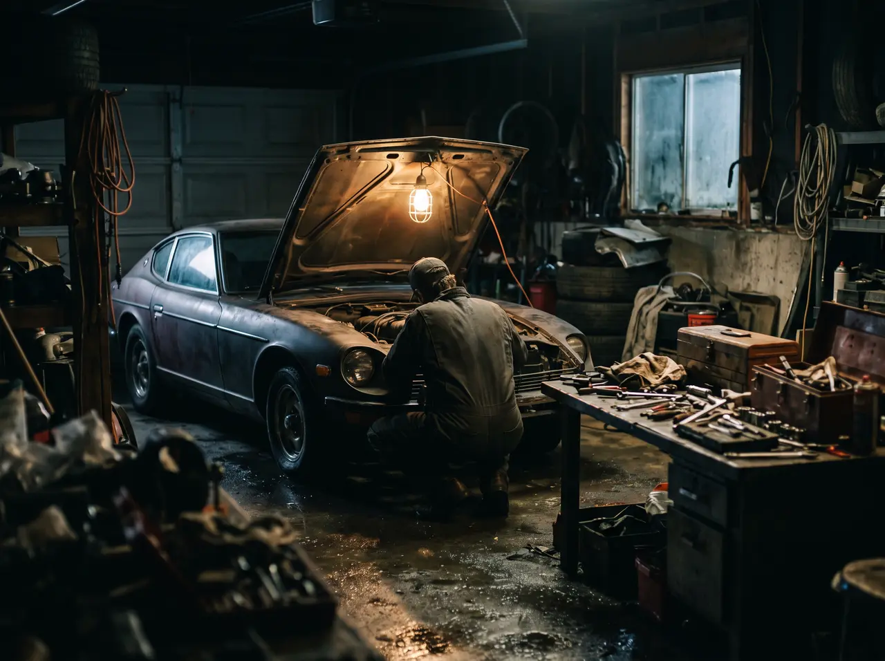 A weekend car in a home garage under a work light