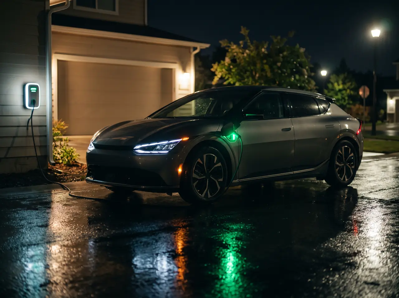 An electric car charging in a driveway at night