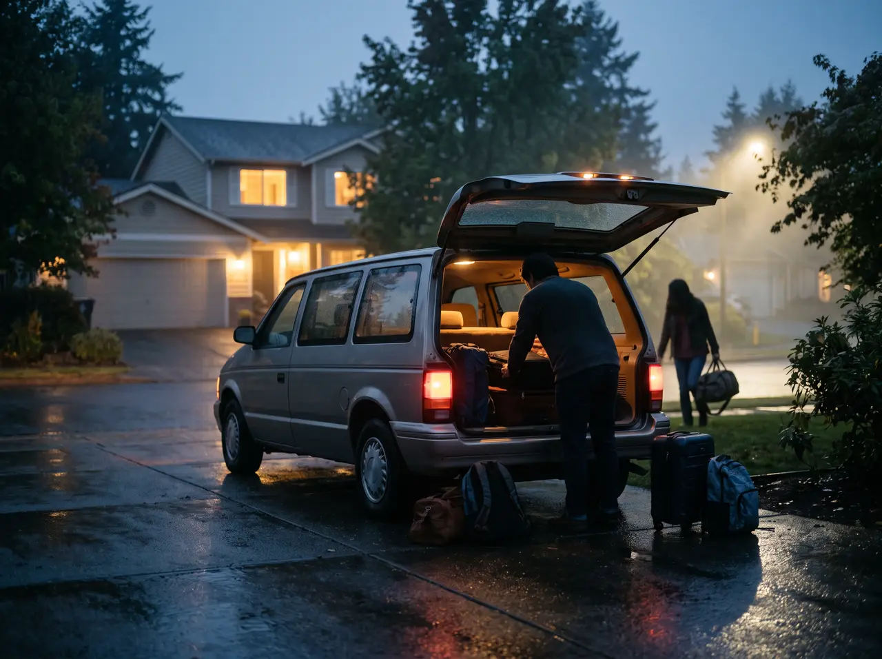 A family loading a minivan in a driveway, seen from behind