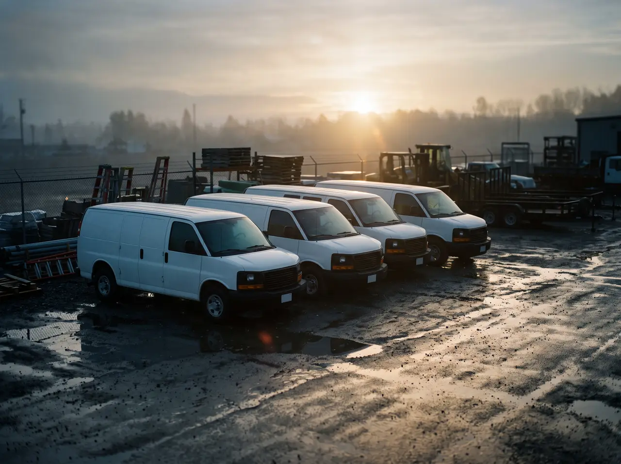 Work vans lined up in a contractor's yard at sunrise