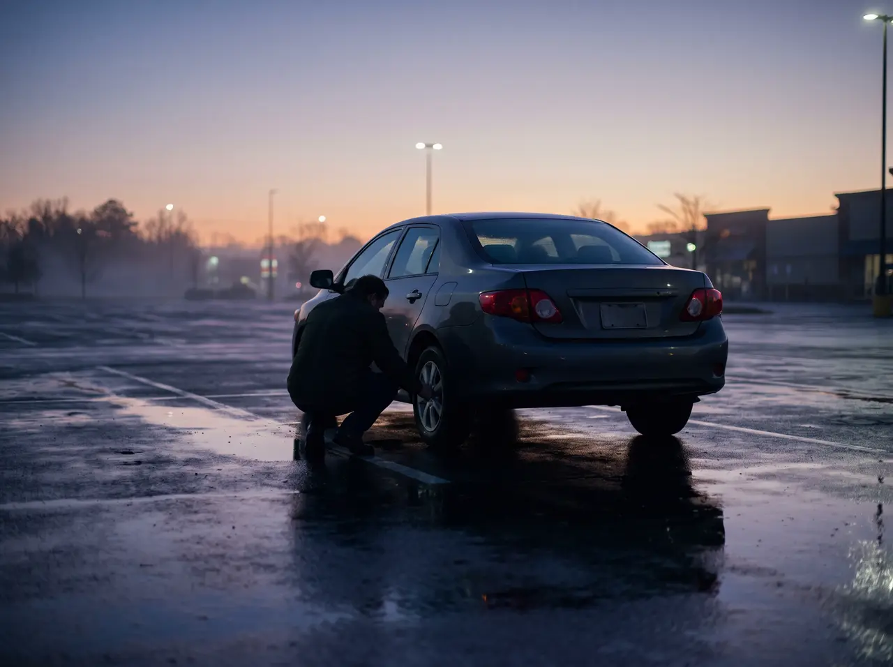 A driver checking tire pressure at dawn, hands only