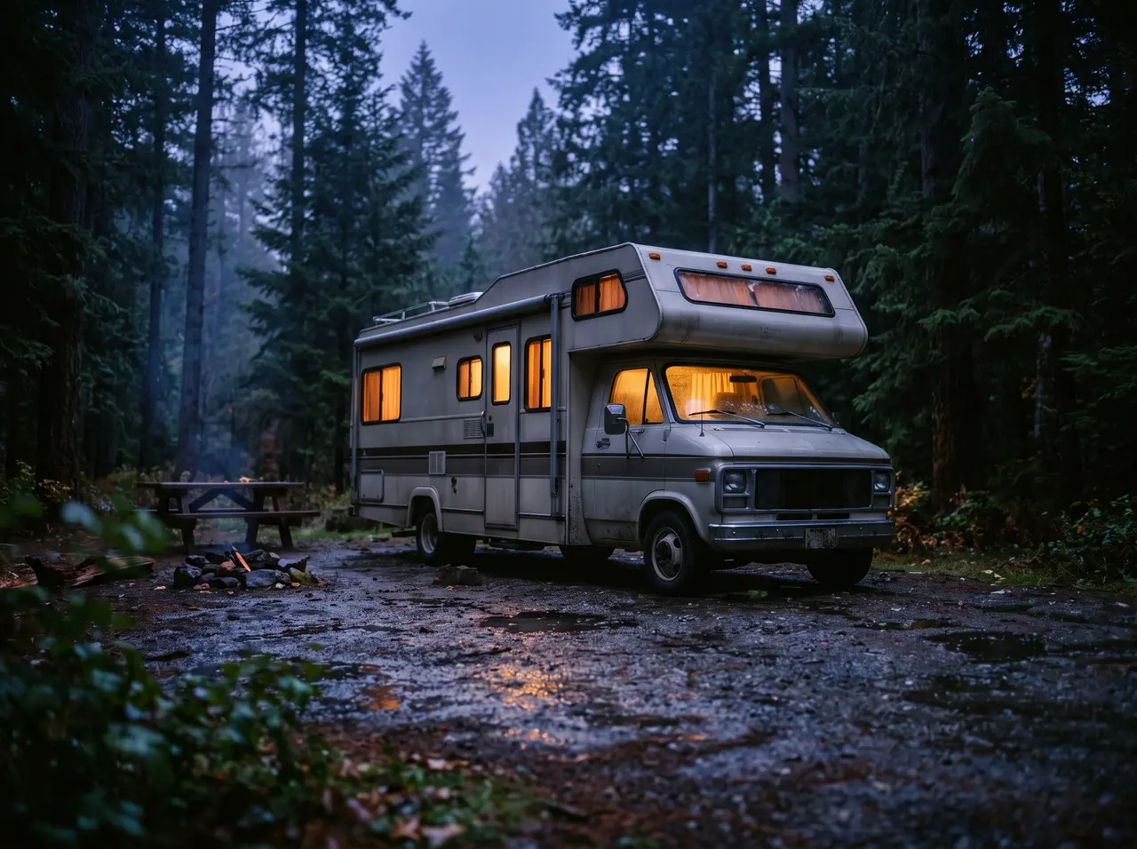 An RV parked at a campsite at dusk