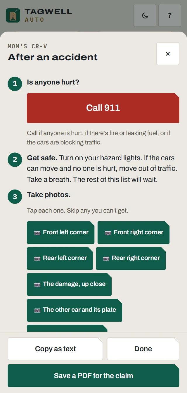 The accident steps: call 911, get safe, take photos, the other driver's details