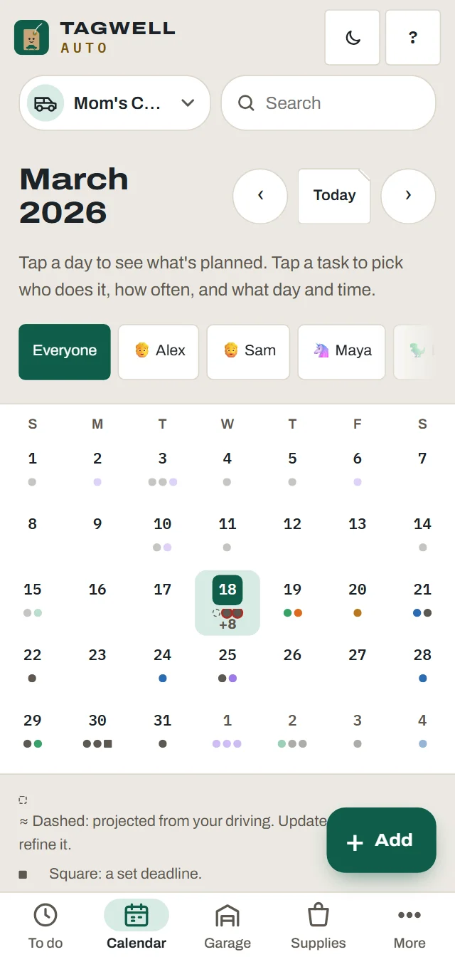 A month calendar with jobs color-coded by person