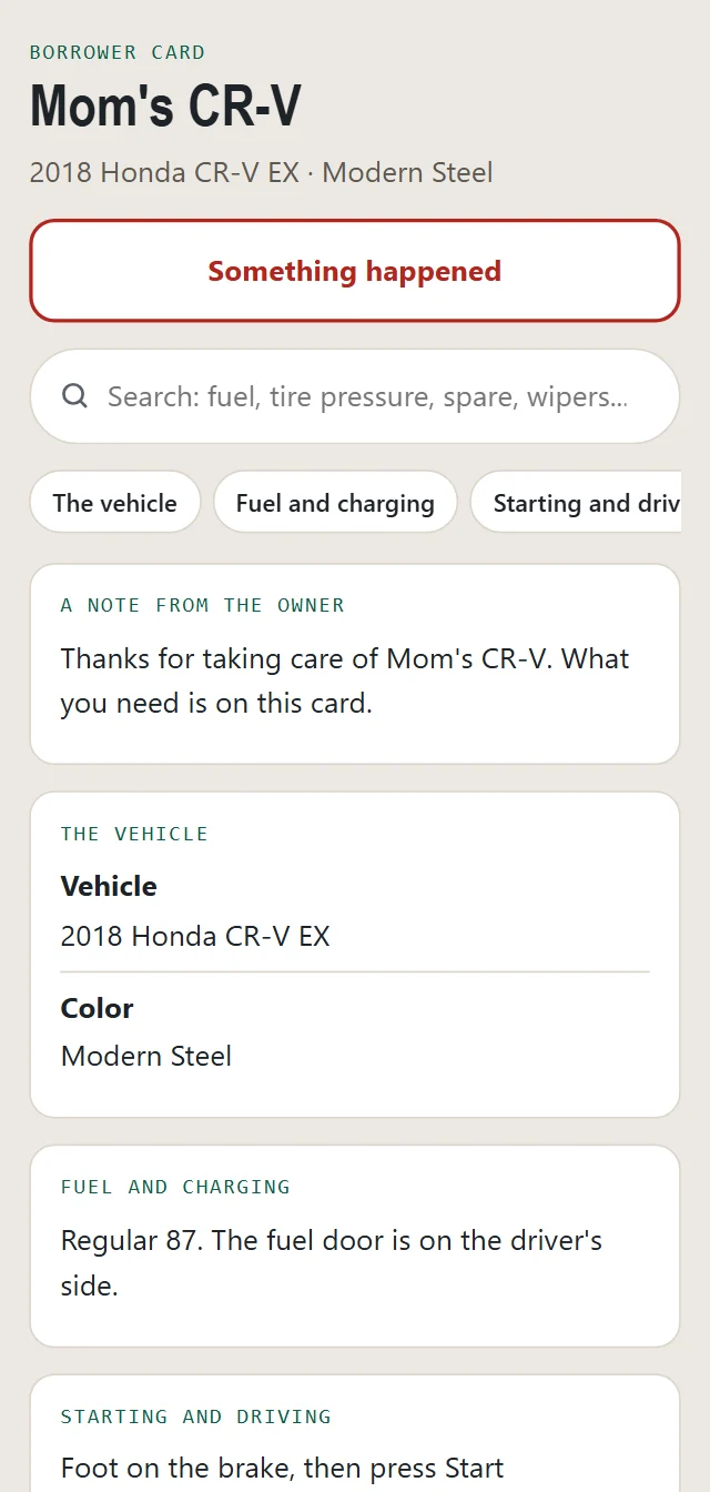 A borrower card on a phone: fuel type, how to start the car, rules and who to call