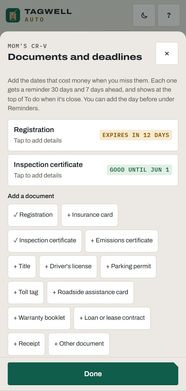 The Documents sheet: registration expiring soon, an inspection certificate, and more documents to add