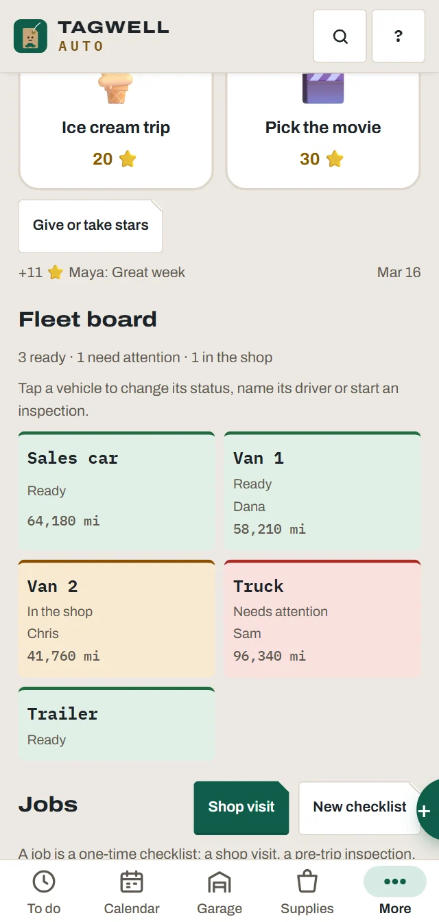 The fleet board: five vehicles, each marked ready, needs attention or in the shop, with its driver