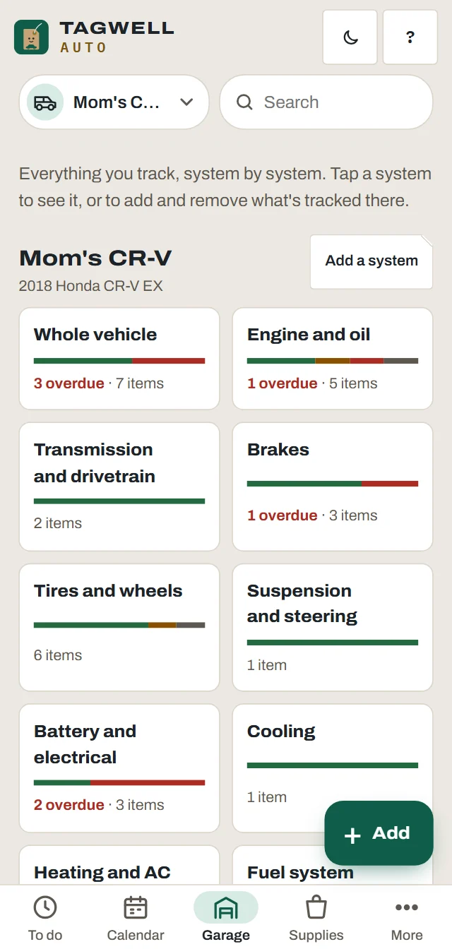 My garage: the systems of a Honda CR-V, each with a count of what's due