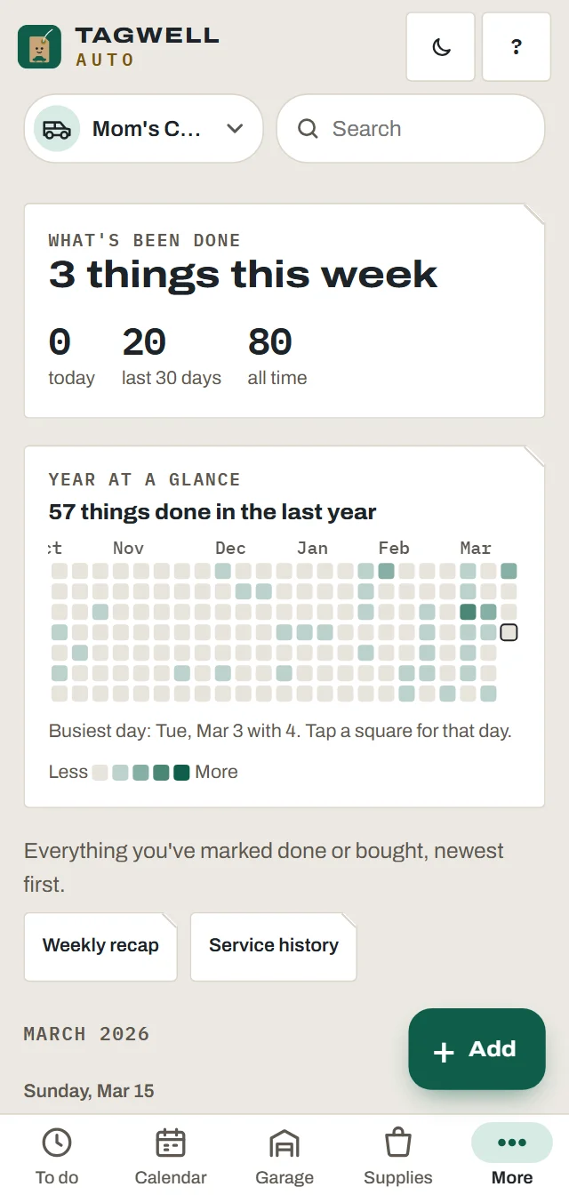 The Done tab: what was done this week, a year at a glance, and a button for the service history