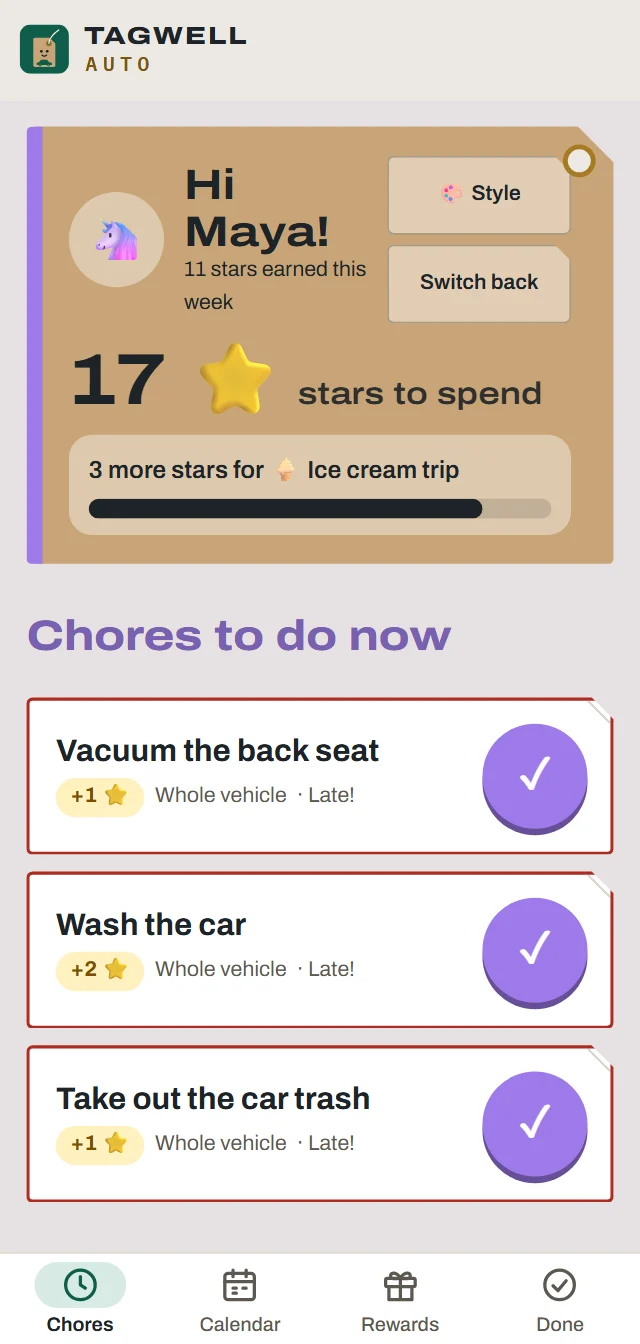 A kid's chore screen: wash the car, vacuum the back seat and take out the car trash, with stars to spend