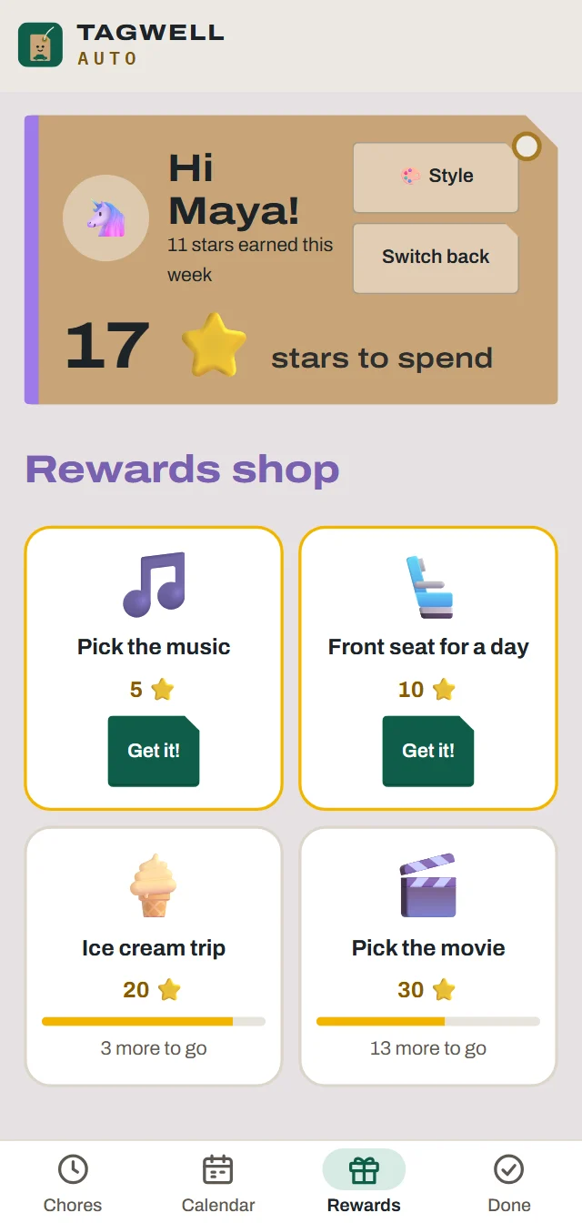 The kids' rewards shop: pick the music, front seat for a day, an ice cream trip and pick the movie