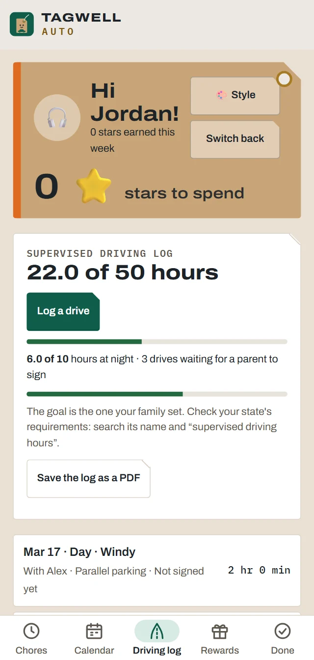 A teen's driving log: 22 of 50 hours, 6 of 10 at night, and a button to save it as a PDF