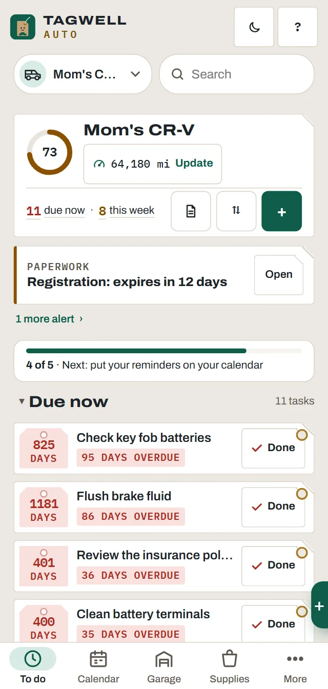 The To do list, most urgent first, with the odometer and a health score